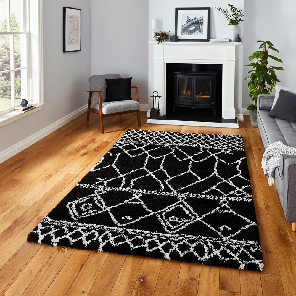 Scandi Berber G276 Shaggy Boho Rugs in Black White